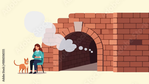 Person with dog sits near brick oven with smoke and thought bubbles