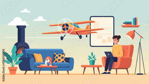 Person with laptop, dog on sofa, and biplane flying past window