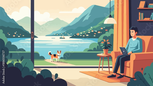 Person with laptop on sofa by large window overlooking lake and mountains