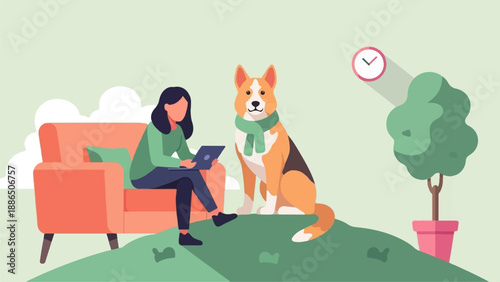 Person with laptop sits near dog on green hill with tree and clock