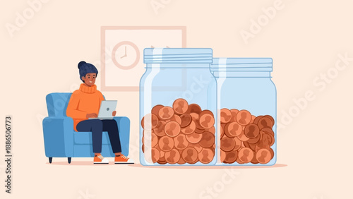Person with laptop sits by two jars filled with coins