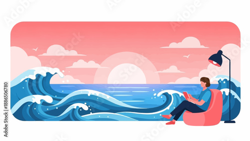 Person reading on beanbag by ocean waves at sunset