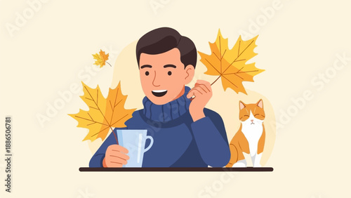 Person with mug and cat amidst falling autumn leaves