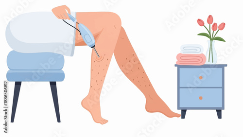 Person receiving hair removal treatment on leg using a device