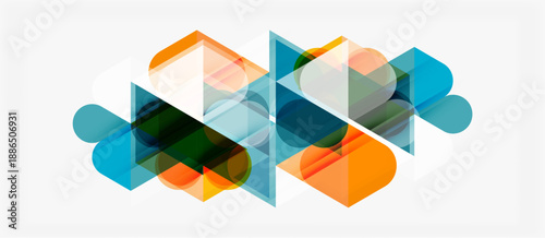 Abstract geometric shapes overlap, creating vibrant color blends. Orange, teal, blue hues dominate composition. Modern design elements present.