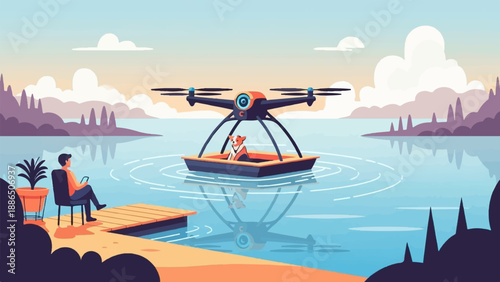 Person relaxes by lake using drone with dog as pilot
