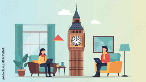 People working on laptops in a room with Big Ben illustration