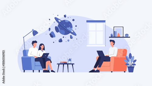 People working on laptops in a room with a planet and asteroids