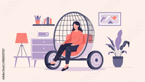 Person relaxing in a wheeled egg chair in a stylish, minimalist room