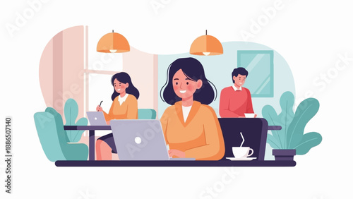 People working on laptops in a modern, bright cafe