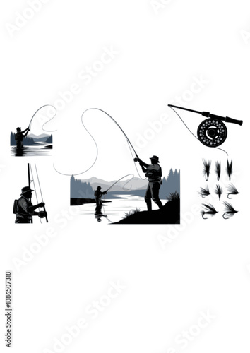Fly Fishing Silhouette, Professional Angler Casting Line in River, Outdoor Recreation and Luxury Sporting Hobby Concept Vector
