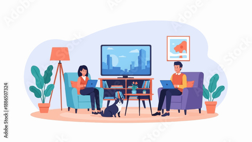 People working on laptops in a living room with a TV and a cat