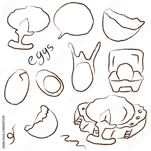 Hand Drawn Egg Doodle Set with Cute Breakfast Food and Kitchen Elements
