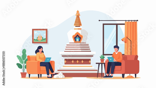 People working on laptops in a living room with a stupa decoration