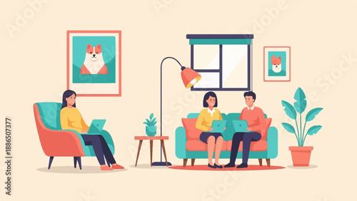 People working on laptops in a living room with dog art