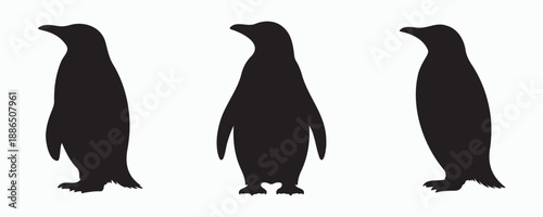Set of black penguin silhouettes in different standing poses. Clean minimalist vector illustration of Antarctic birds, perfect for logos, icons, prints, educational, and wildlife-themed designs.
