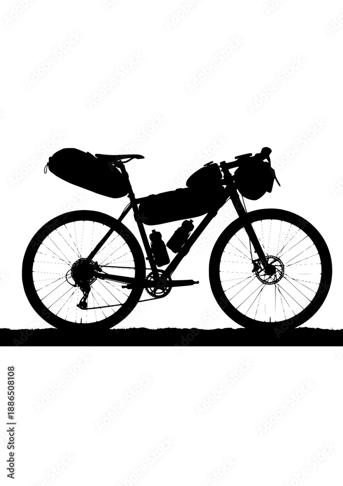 Obraz premium Gravel Biking Adventure Silhouette, Bikepacking Expedition on Rocky Terrain, Off-Road Cycling Lifestyle and Outdoor Fitness Vector