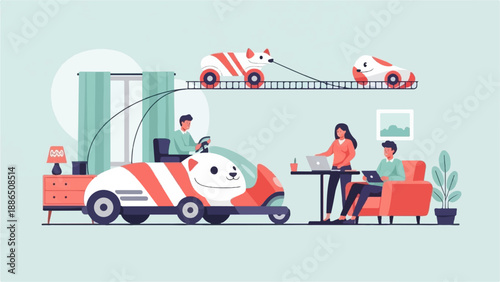 People interacting with a playful, animal-themed transportation system indoors