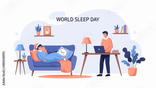 Person working at desk, person sleeping on sofa with cat
