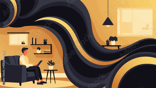 Person working on laptop in a cozy room with abstract wavy background