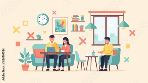 People working and relaxing in a cozy living room