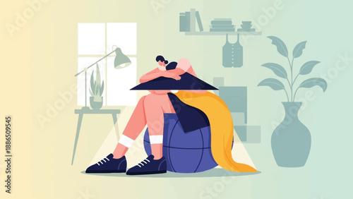 Person curled up on a large ball in a room with plants