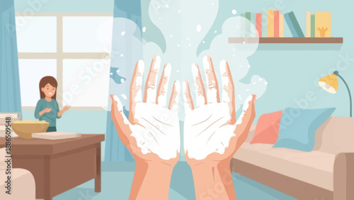 Person demonstrating proper hand washing technique indoors