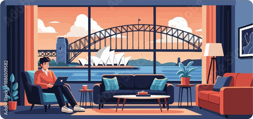 Person working on laptop inside, with iconic cityscape view