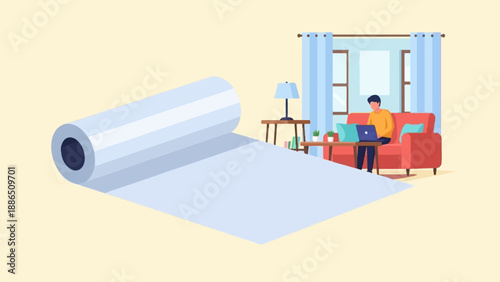 Person working on laptop on couch with large roll of paper