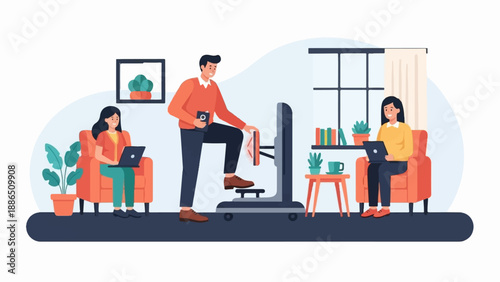 People working and relaxing in a modern, cozy indoor space with plants