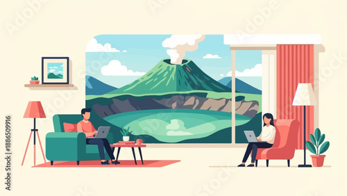 People working on laptops in a cozy room with a view of a volcano