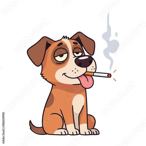 Illustration of a dog smoking a cigarette in a humorous cartoon style