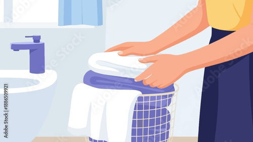 Person folds clean towels by a sink and faucet in a bright room