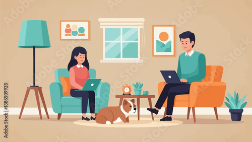 People working on laptops in a cozy room with a dog