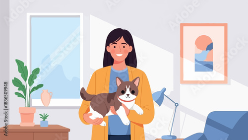 Person holding a cat in a room with plants and artwork