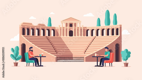 People relax at cafes before a grand historical amphitheater, a serene scene