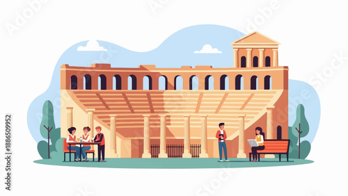 People relax and study near an ancient amphitheater on a sunny day
