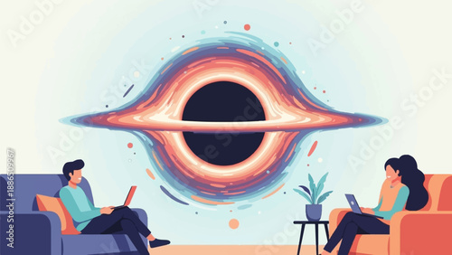 People relax at home using laptops while a vibrant black hole looms in the background