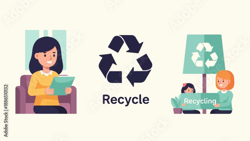People promoting recycling with a central recycling symbol and text
