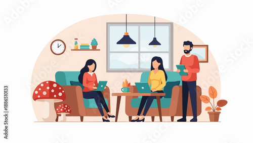 People working on laptops in a cozy living room with decorative mushrooms