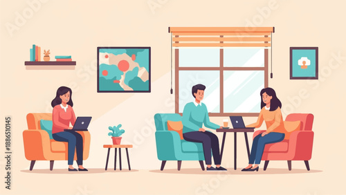 People working on laptops in a cozy living room with artwork and plants