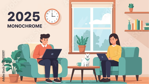 People working on laptops in a cozy living room with a dog