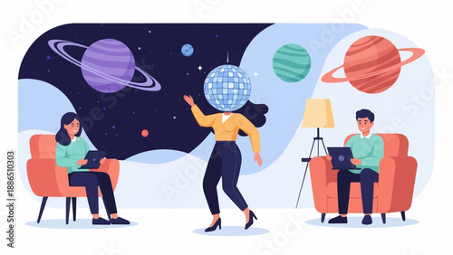 People relax with laptops near planets and disco ball