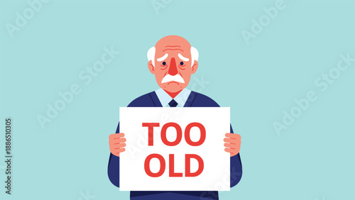 Sad senior man holding a sign that says 'Too Old,' illustrating ageism, workplace discrimination, and unemployment challenges for the elderly.