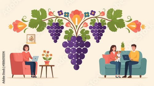 People working and relaxing with a decorative grape vine