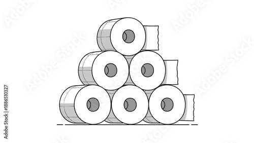 Minimalist black and white line art illustration of toilet paper rolls stacked in a pyramid shape, representing hygiene and household supplies.