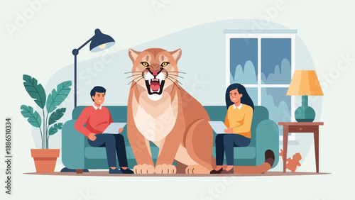 People relax with a large, roaring cougar in a cozy living room setting