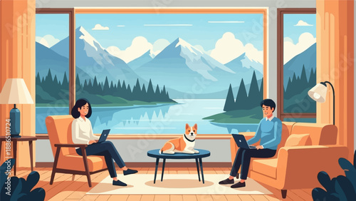 People working from home with a dog and mountain lake view