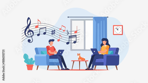 People working on laptops at home with music notes