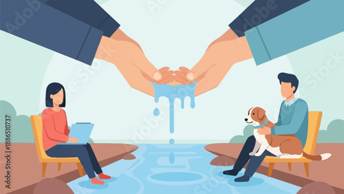 People, pet, and water interaction with hands above, illustration